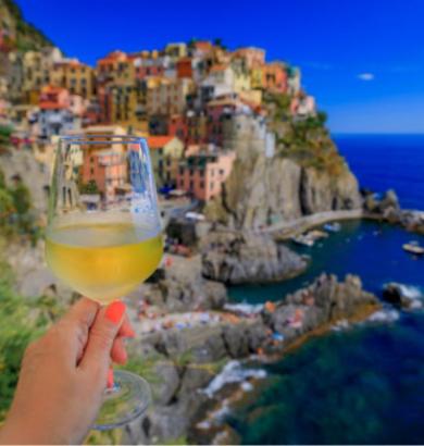Glass of white wine overlooking a picturesque coastal village.