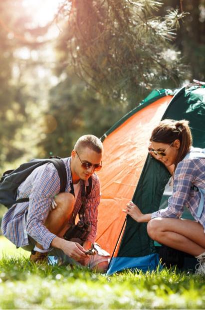 Due persone montano una tenda in un bosco soleggiato.