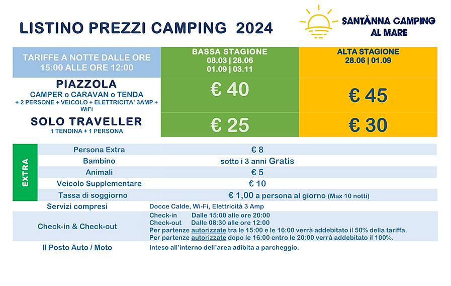 2024 camping rates: low and high season, extras and included services.